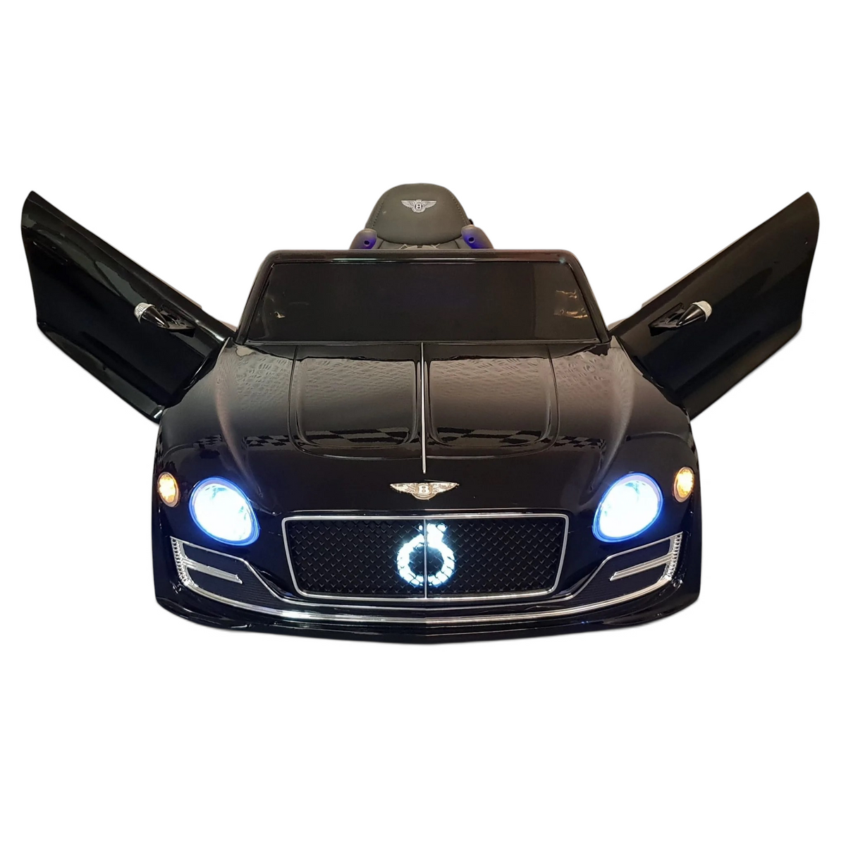 Voiture électrique enfant Petit Pilote Bentley EXP noire avec portes papillon ouvertes et phares LED allumés