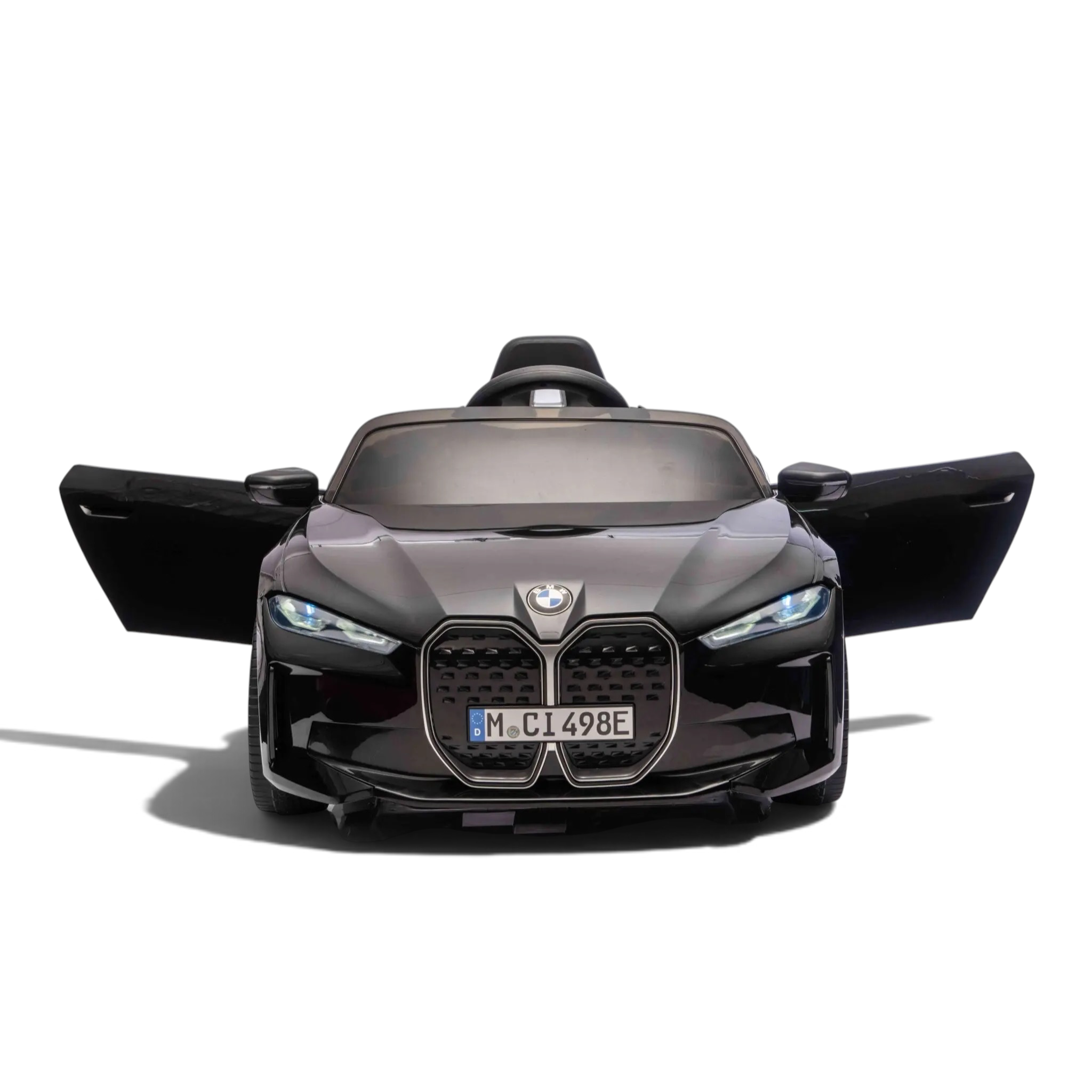 Voiture électrique enfant Petit Pilote BMW i4 noire métallisée avec portes ouvertes et phares LED fonctionnels