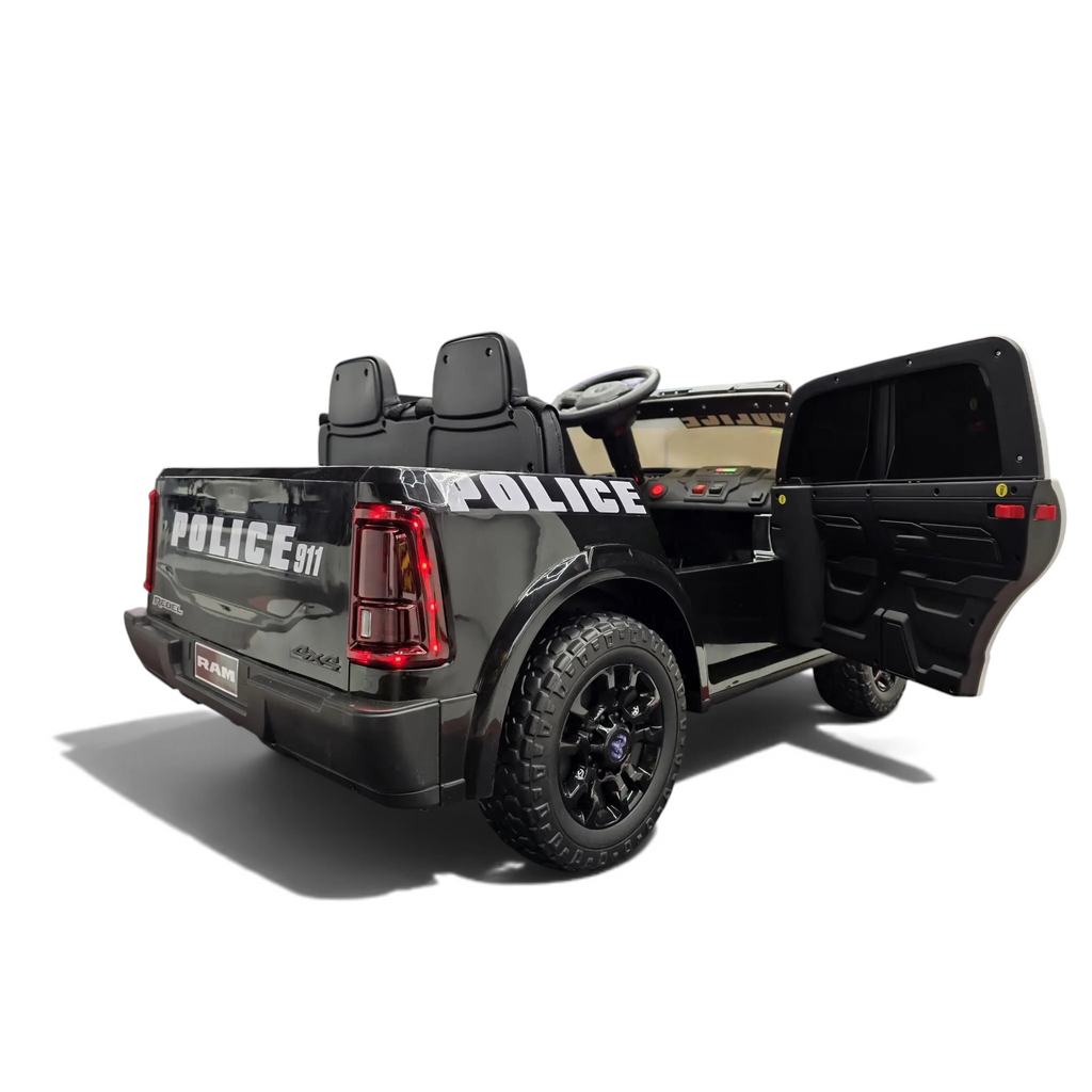 Voiture électrique enfant Petit Pilote Dodge RAM Police noire avec pneus EVA et siège en cuir, vue arrière