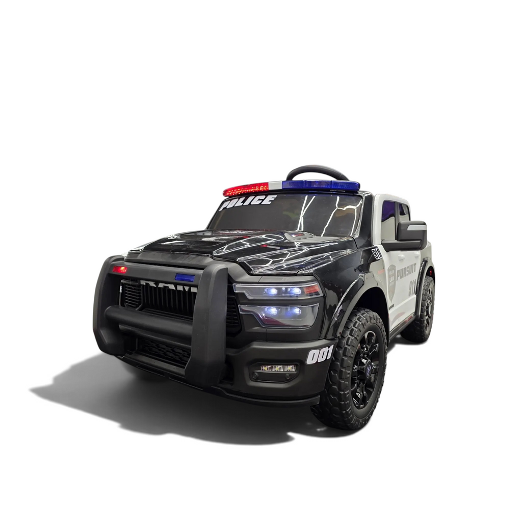 Voiture électrique enfant Petit Pilote Dodge RAM Police noire avec gyrophares, pneus EVA et détails réalistes