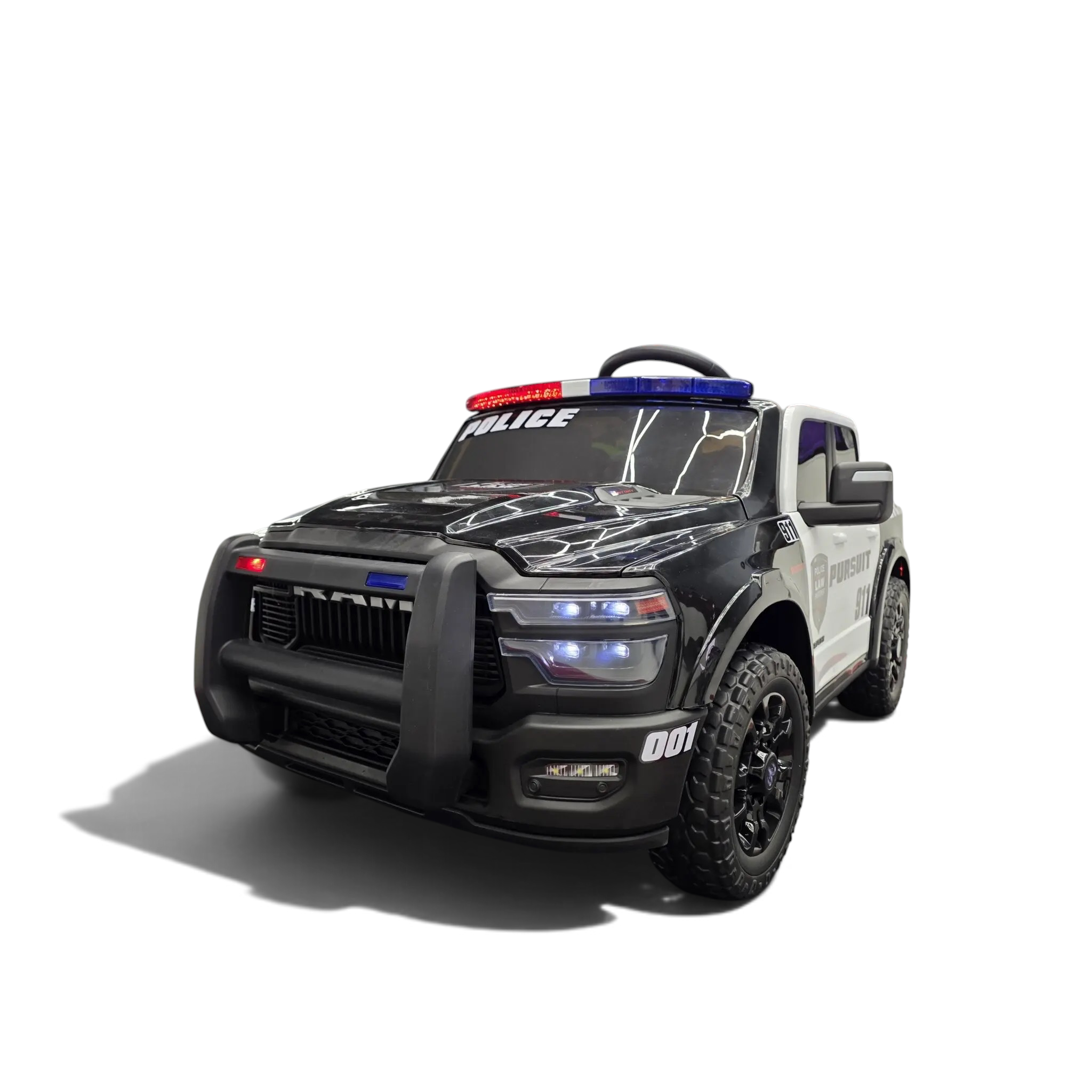 Voiture électrique enfant Odecare Dodge RAM Police noire avec gyrophares, pneus EVA et détails réalistes