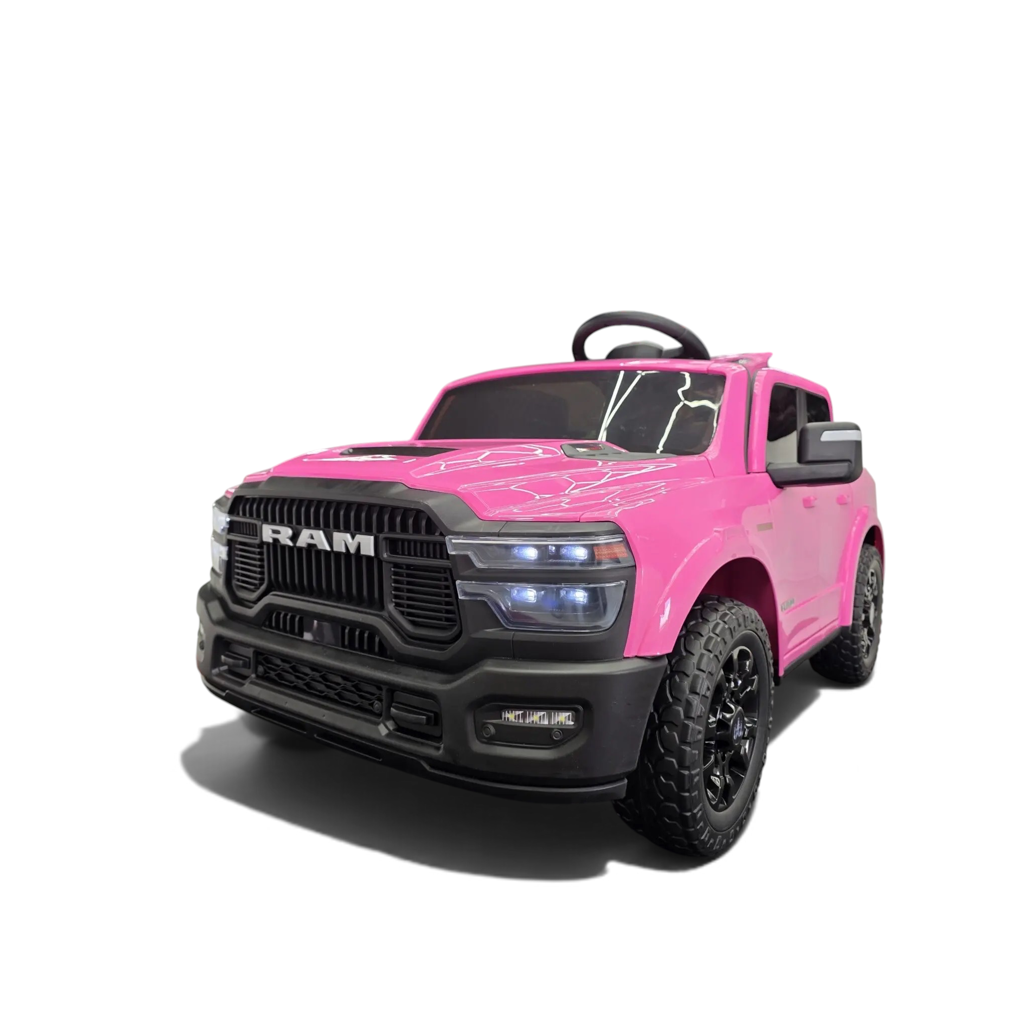 Voiture électrique enfant Odecare Dodge RAM rose 12V avec phares LED, pneus EVA et calandre noire imposante