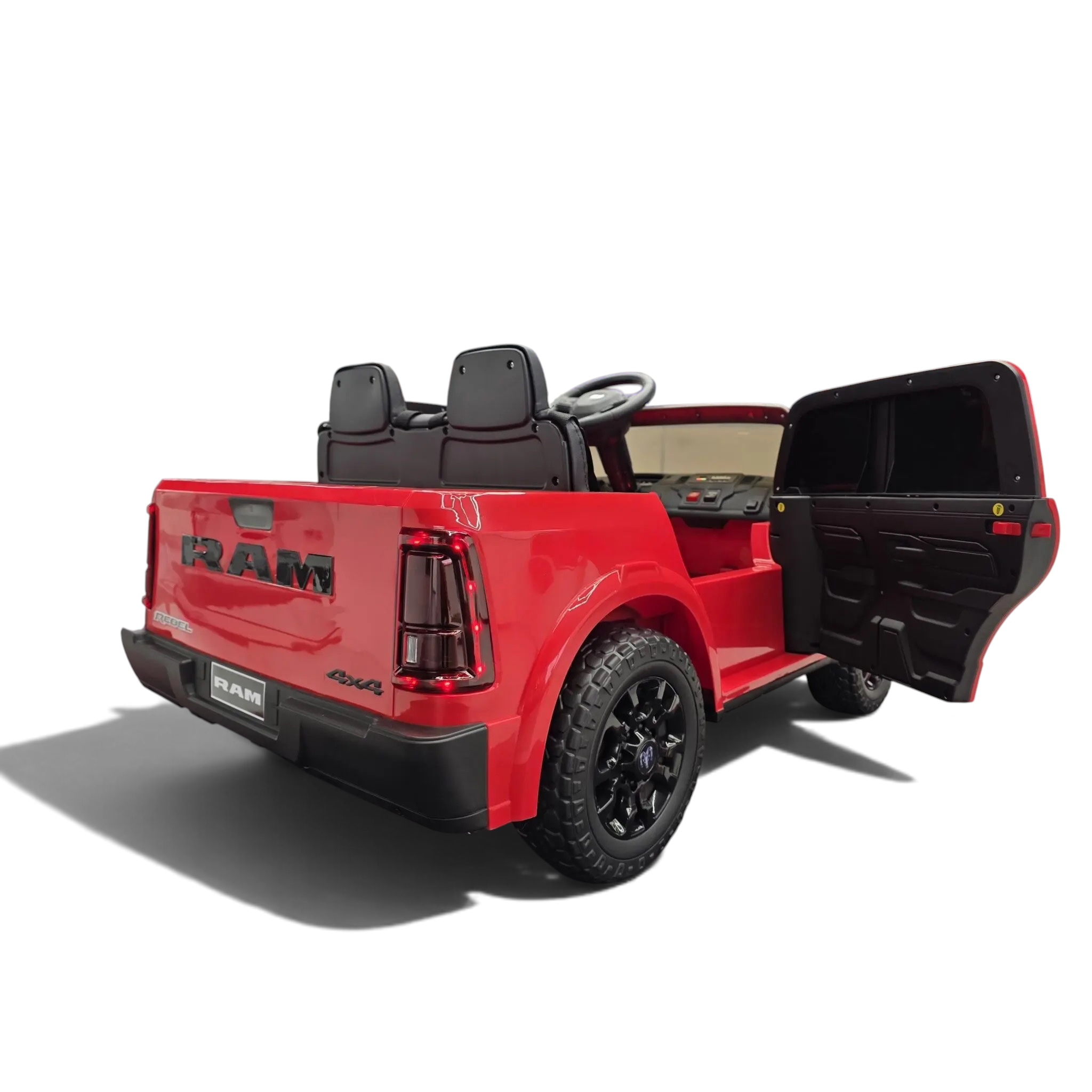 Voiture électrique enfant Odecare Dodge RAM rouge 12V avec deux sièges, portes ouvrantes et pneus tout-terrain