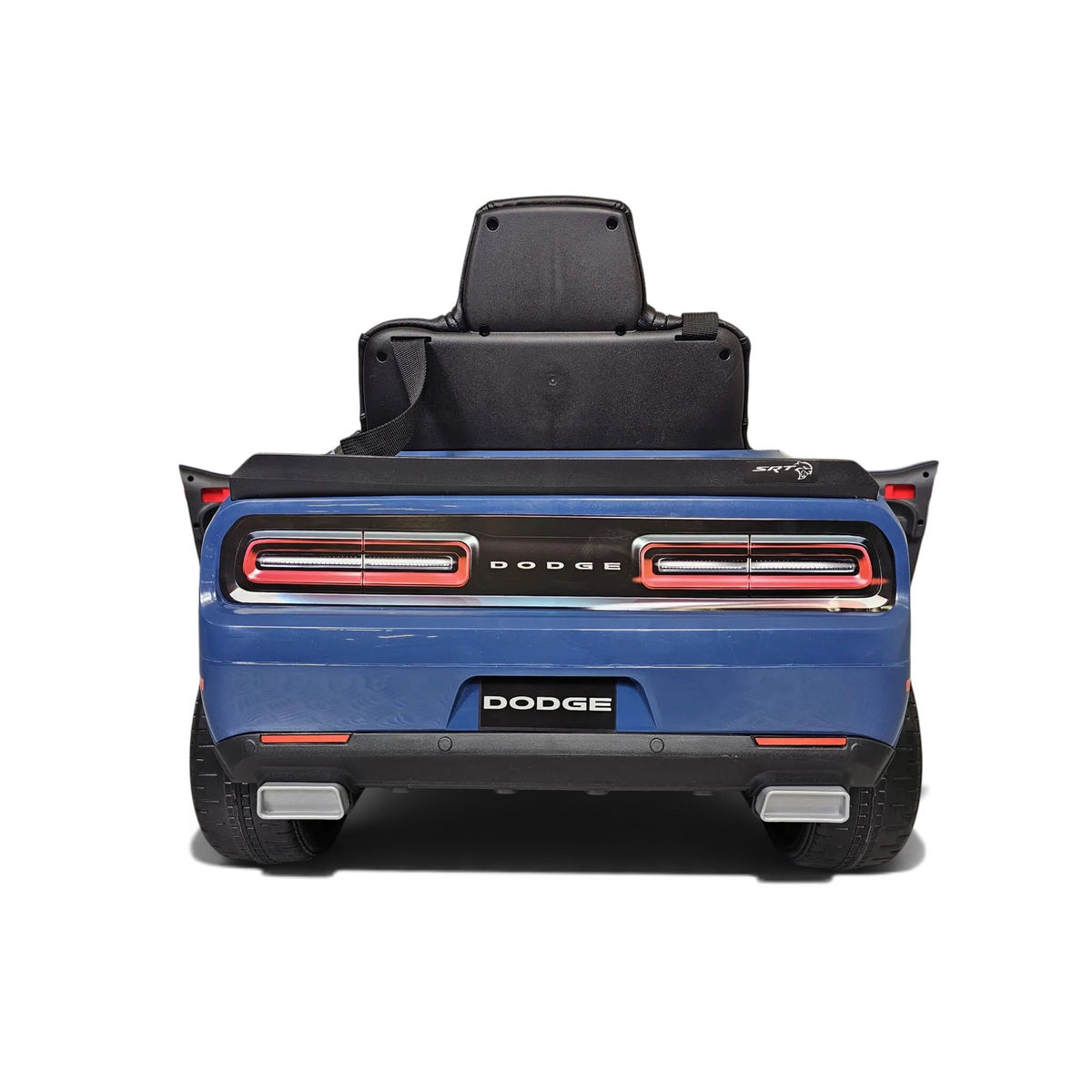 Vue arrière de la voiture électrique enfant Petit Pilote Dodge SRT bleue avec feux LED et siège en cuir noir