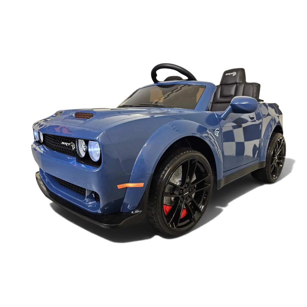 Voiture électrique enfant Petit Pilote Dodge SRT bleue avec siège en cuir, pneus EVA et phares LED fonctionnels