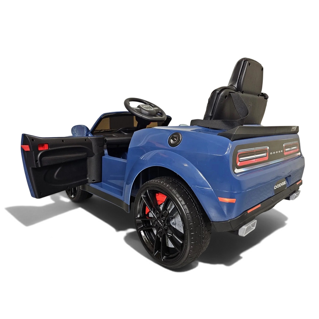 Voiture électrique enfant Petit Pilote Dodge SRT bleue avec siège en cuir, pneus EVA et porte ouvrante