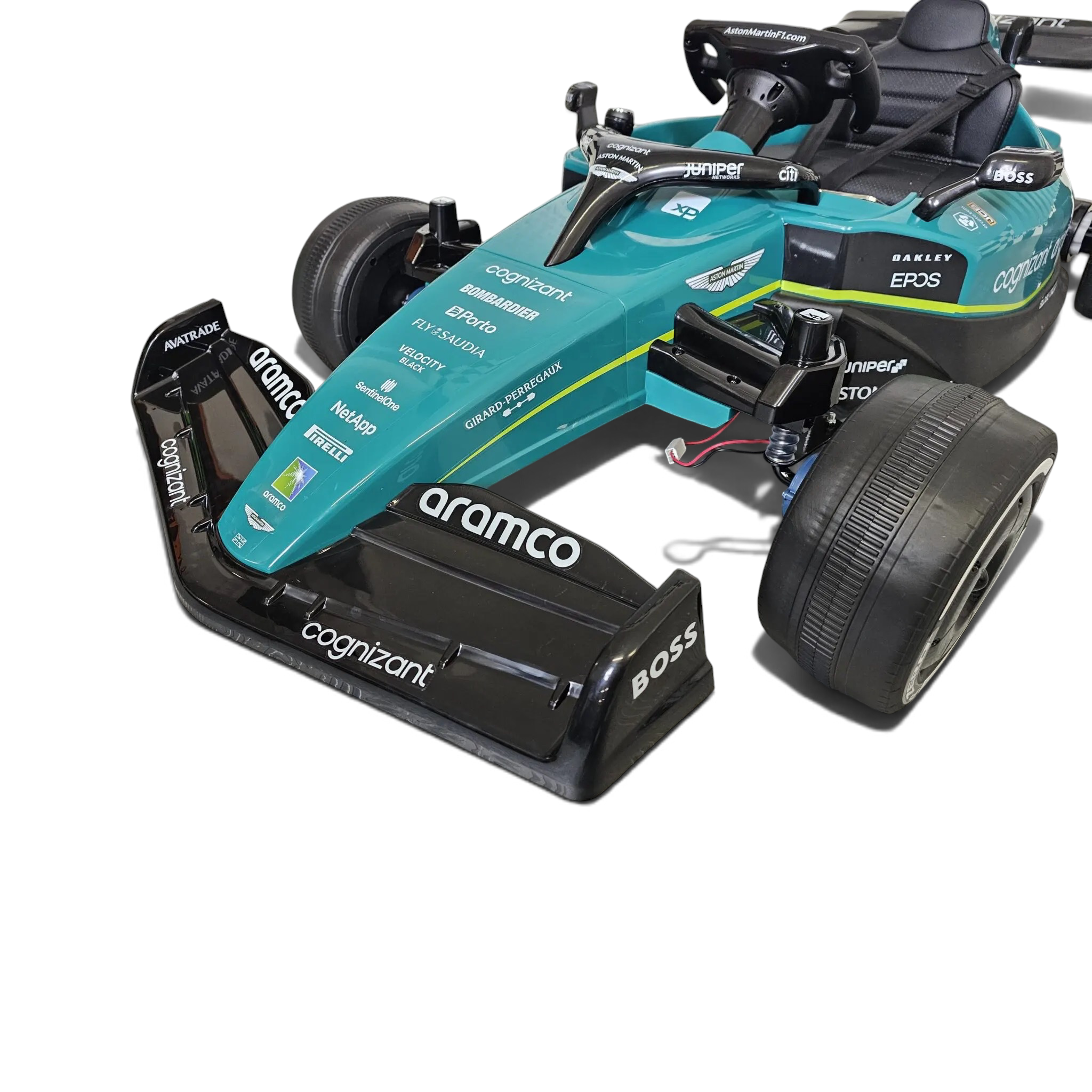 Voiture électrique enfant Odecare Aston Martin F1 verte 24V avec siège en cuir et pneus EVA sur sol damier