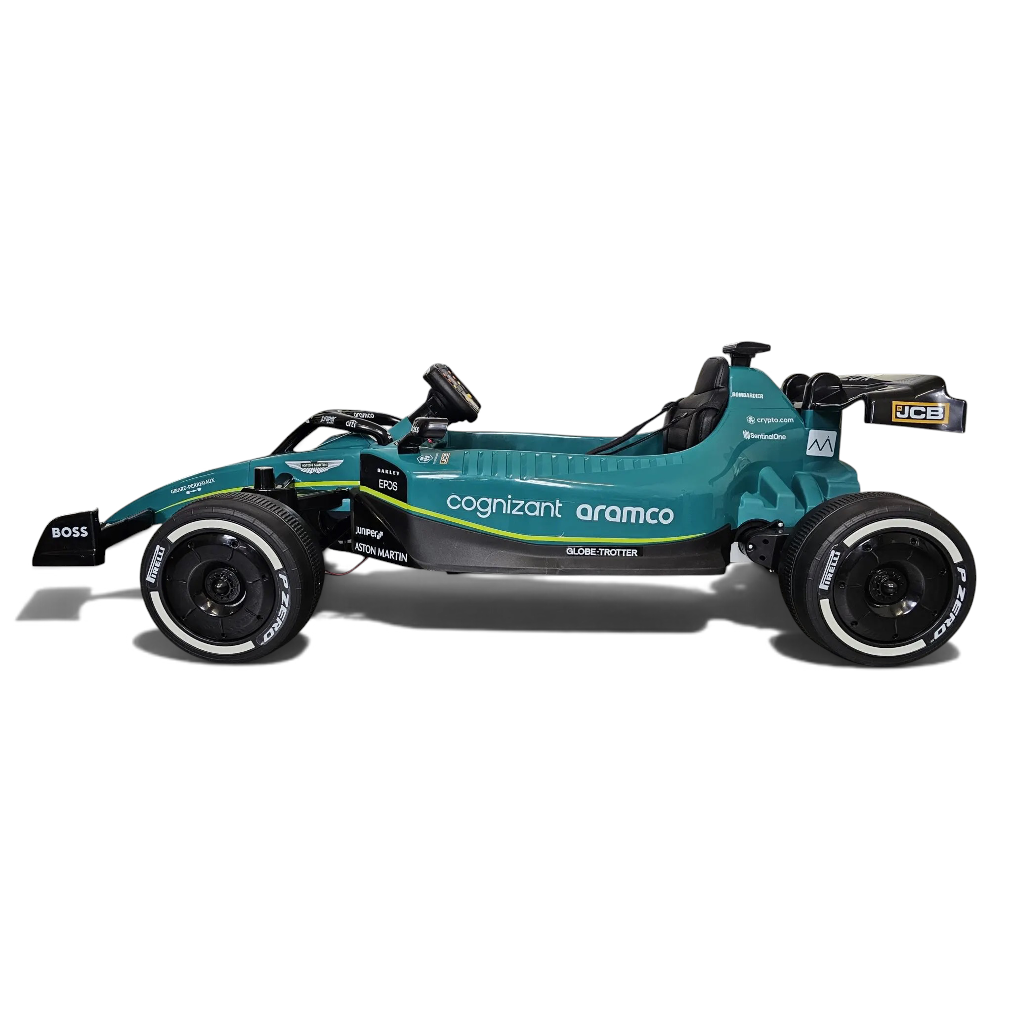Voiture électrique enfant Aston Martin F1 24V verte Odecare avec pneus EVA et siège en cuir sur fond damier