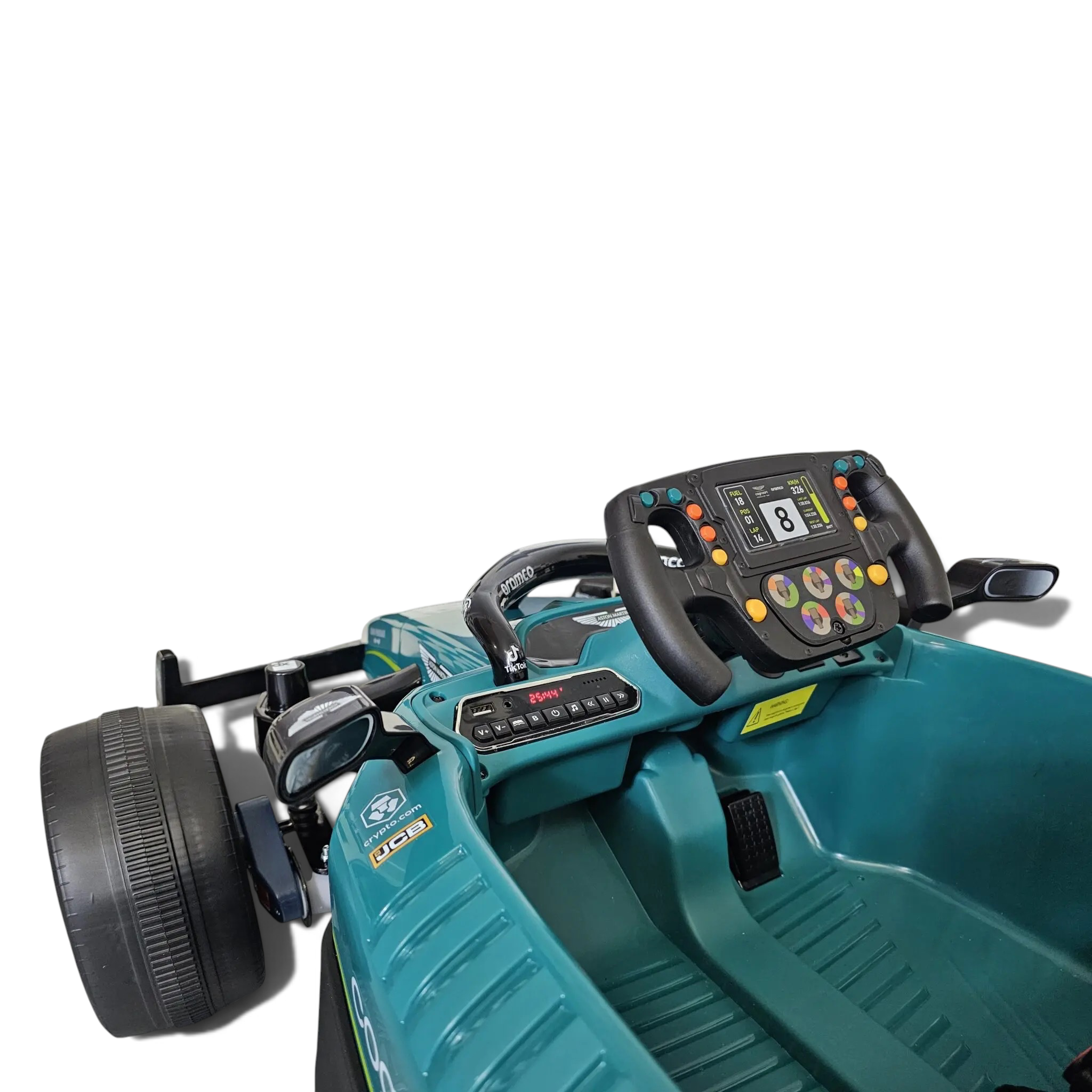 Cockpit de la voiture électrique enfant Petit Pilote Aston Martin F1 verte avec volant interactif et tableau de bord