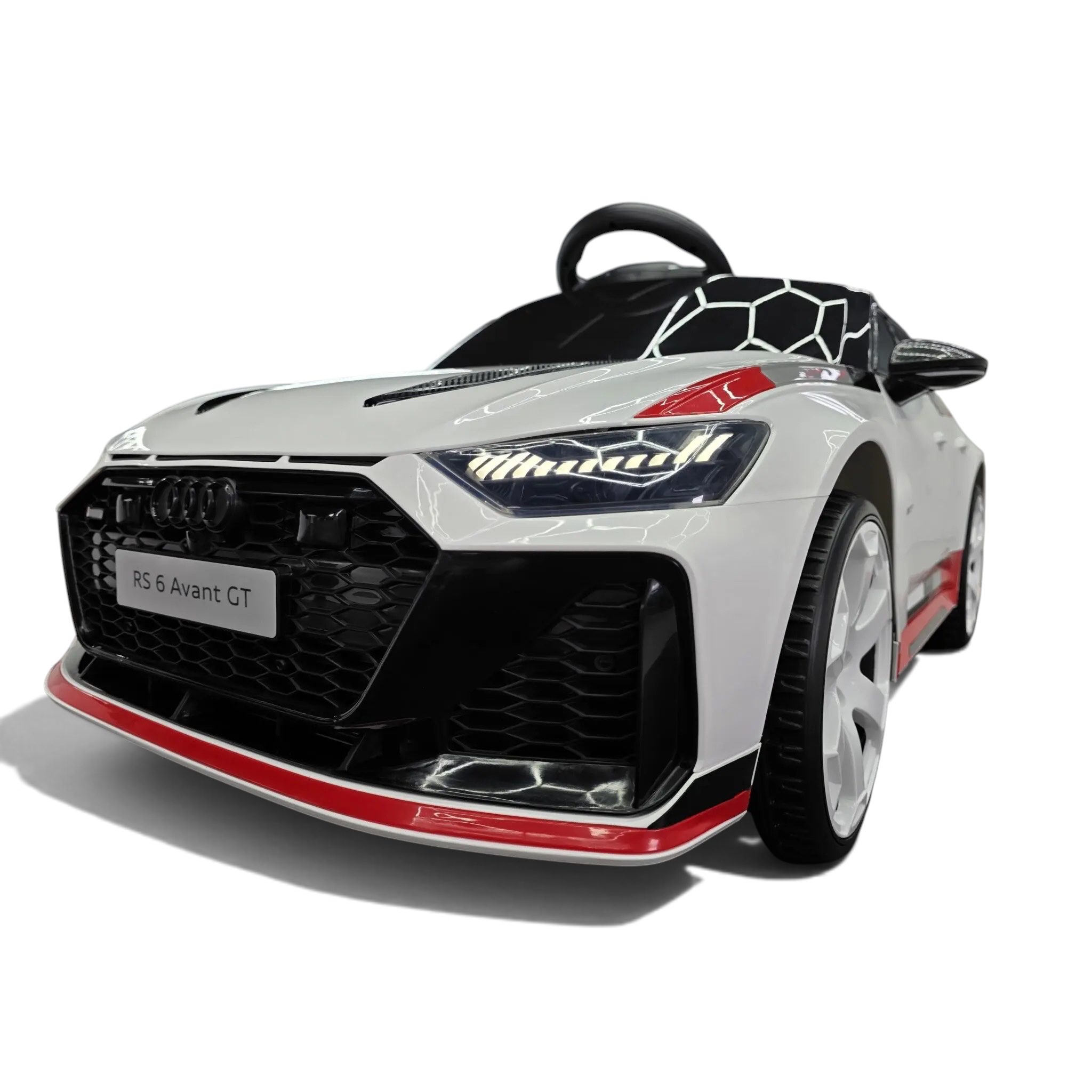 Voiture électrique enfant Odecare Audi RS6 Avant GT blanche et rouge avec phares LED et détails sportifs