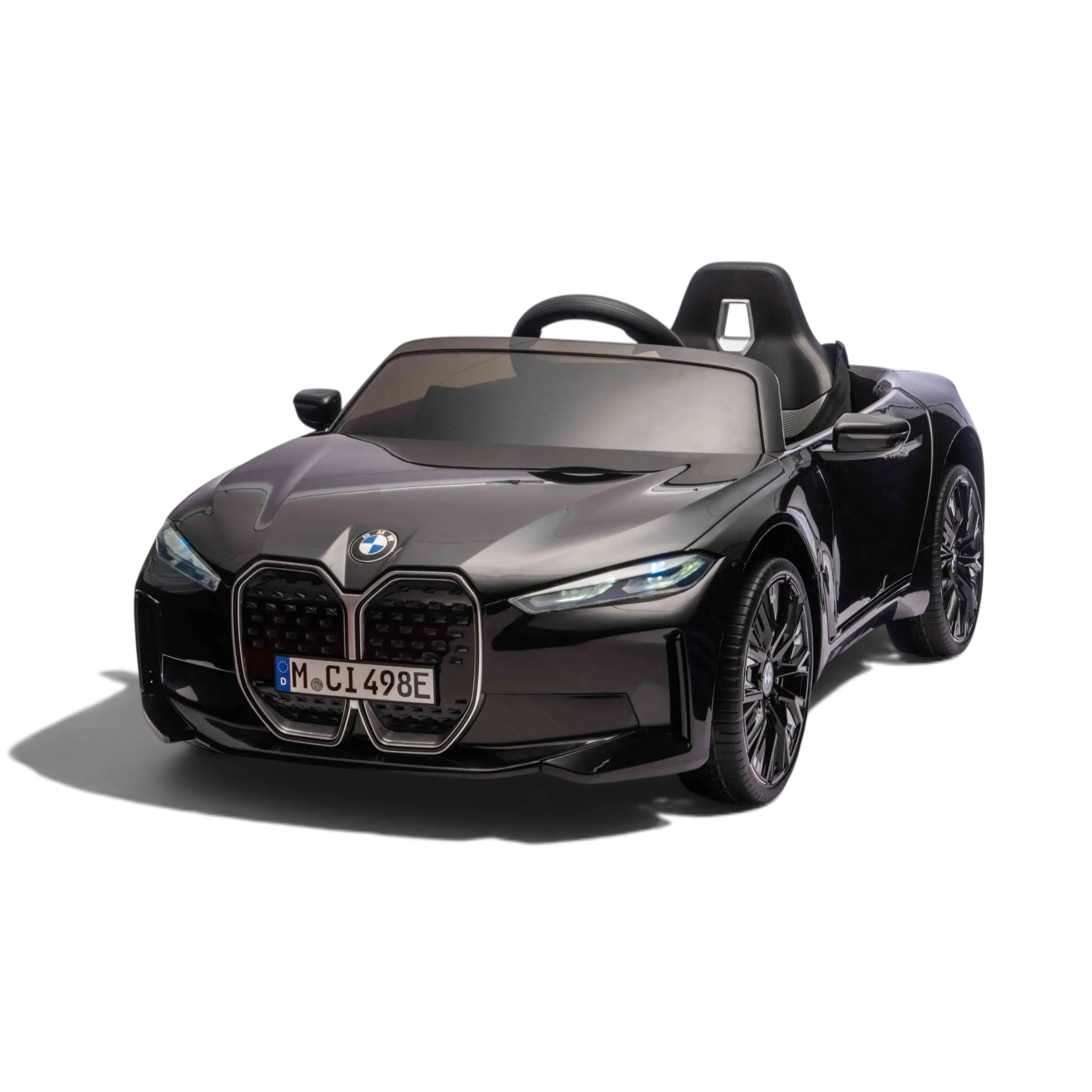 Voiture électrique enfant Petit Pilote BMW i4 12V noir métallisé avec phares LED et siège en cuir