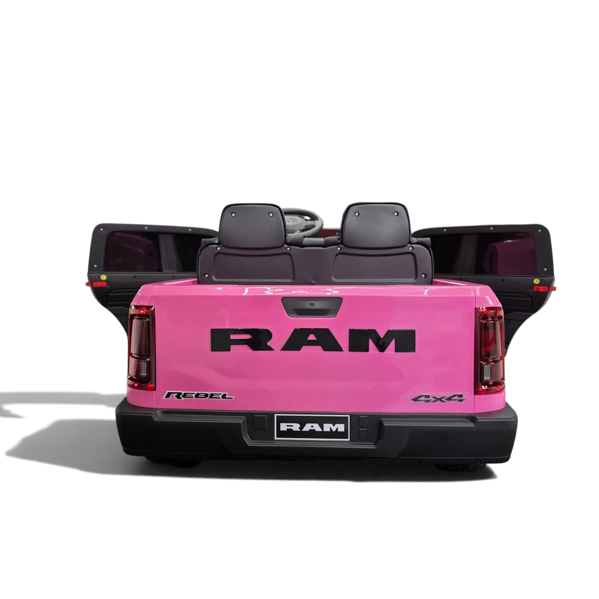 Vue arrière du pick-up électrique pour enfant Odecare Dodge RAM rose avec sièges en cuir et logos officiels