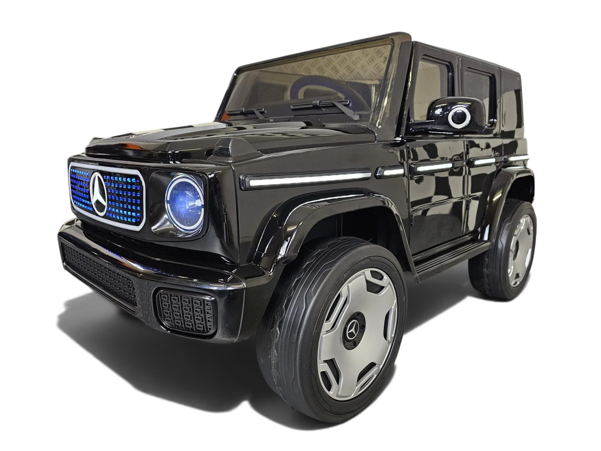 Voiture électrique enfant Petit Pilote Mercedes EQG noire avec phares LED, pneus EVA et design tout-terrain réaliste