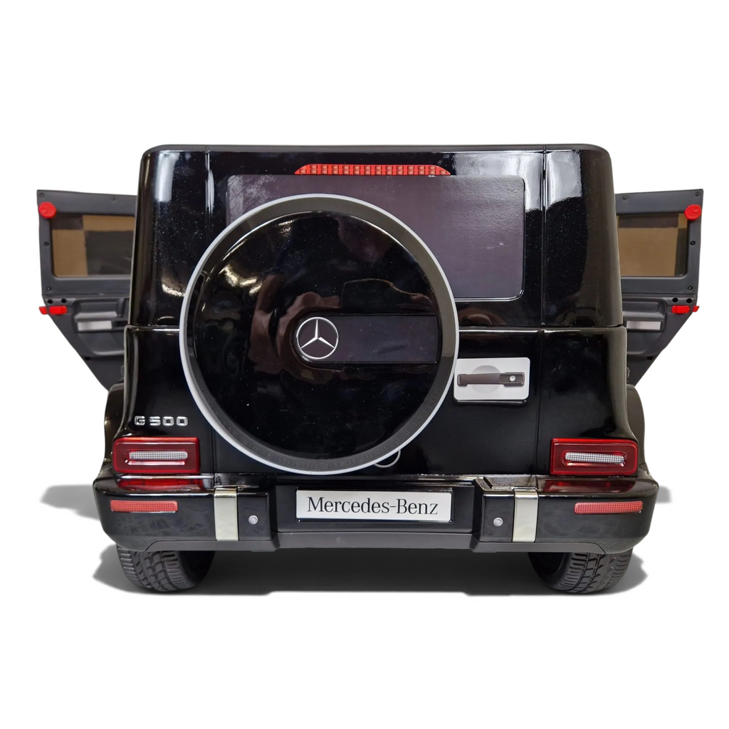 Vue arrière de la voiture électrique pour enfant Petit Pilote Mercedes G500 noire métallisée avec roue de secours