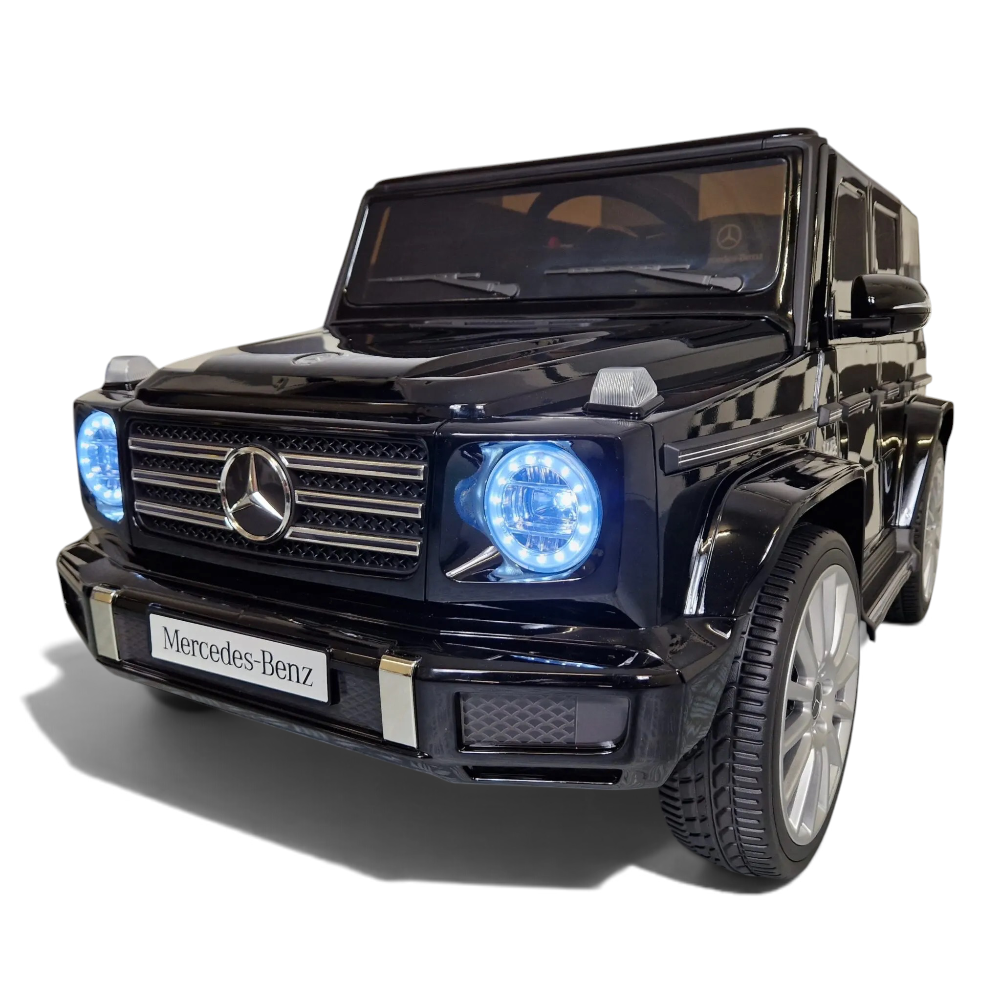 Voiture électrique enfant Odecare Mercedes G500 noire métallisée avec phares LED allumés et détails chromés