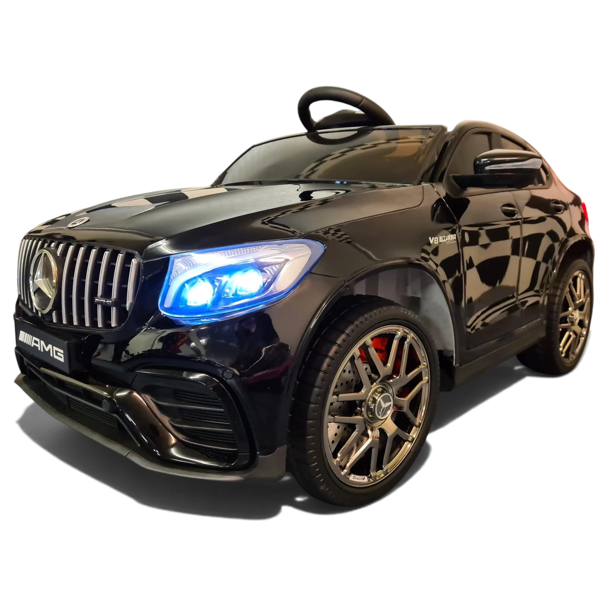 Voiture électrique enfant Petit Pilote Mercedes GLC 63 AMG noire métallisée avec phares LED allumés et jantes sport