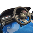 Tableau de bord et volant de la voiture électrique enfant Petit Pilote Mercedes SL63 bleu métallisé avec écran multimédia