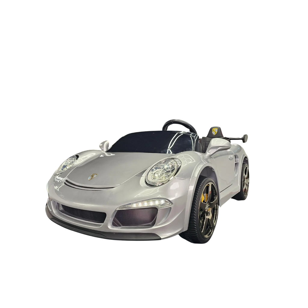 Voiture électrique enfant Petit Pilote Porsche RUF 24V argent métallisé 2 places avec phares LED et pneus en caoutchouc