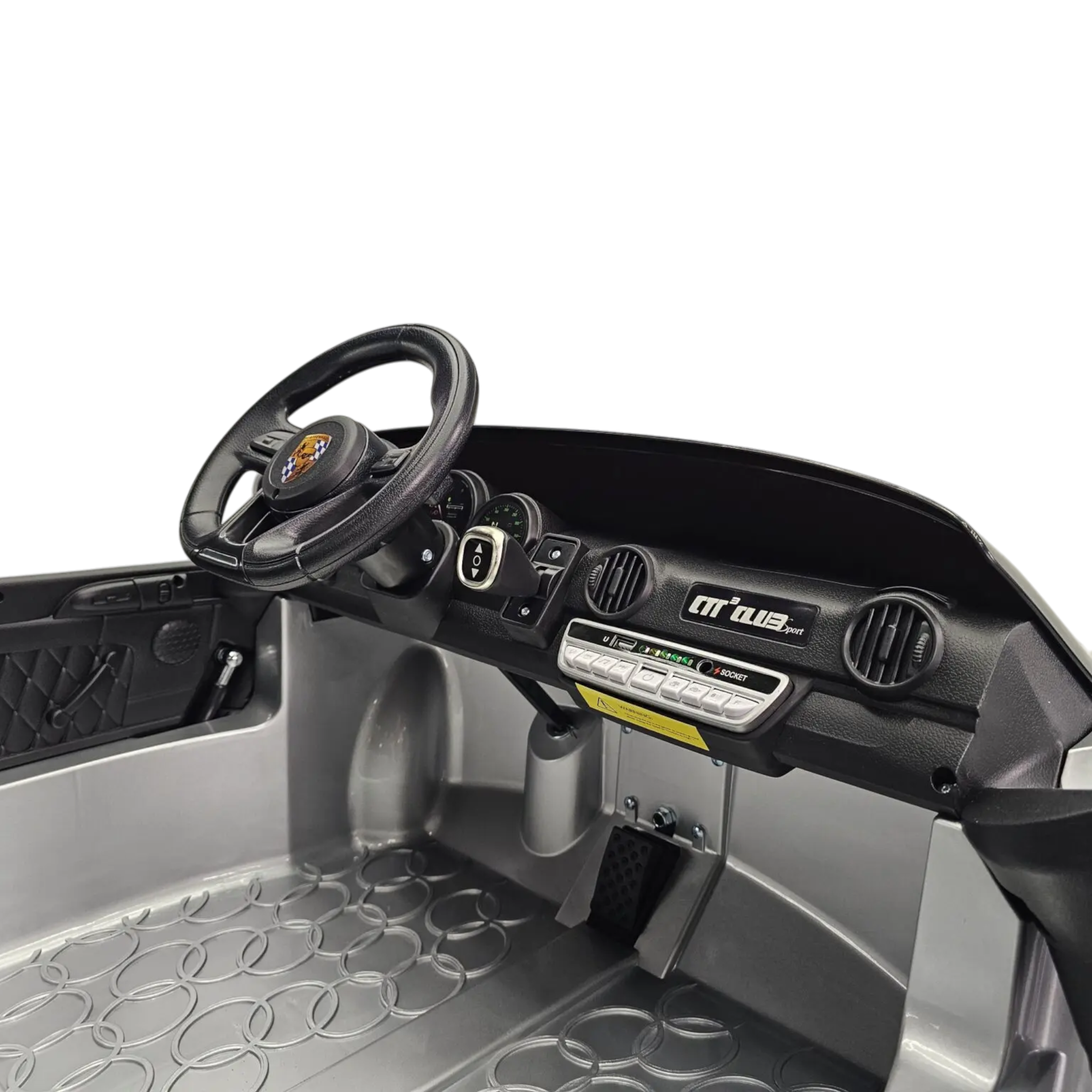 Intérieur de la voiture électrique enfant Odecare Porsche RUF argent métallisé avec volant et tableau de bord détaillé