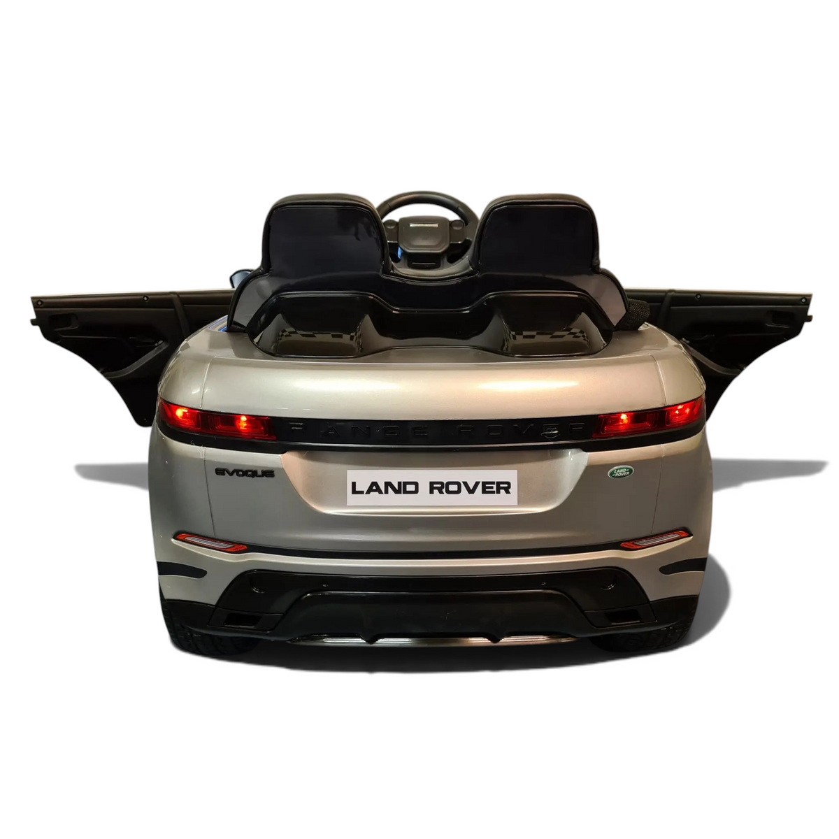Vue arrière de la voiture électrique pour enfant Odecare Range Rover Evoque 12V gris métallisé avec portes ouvertes