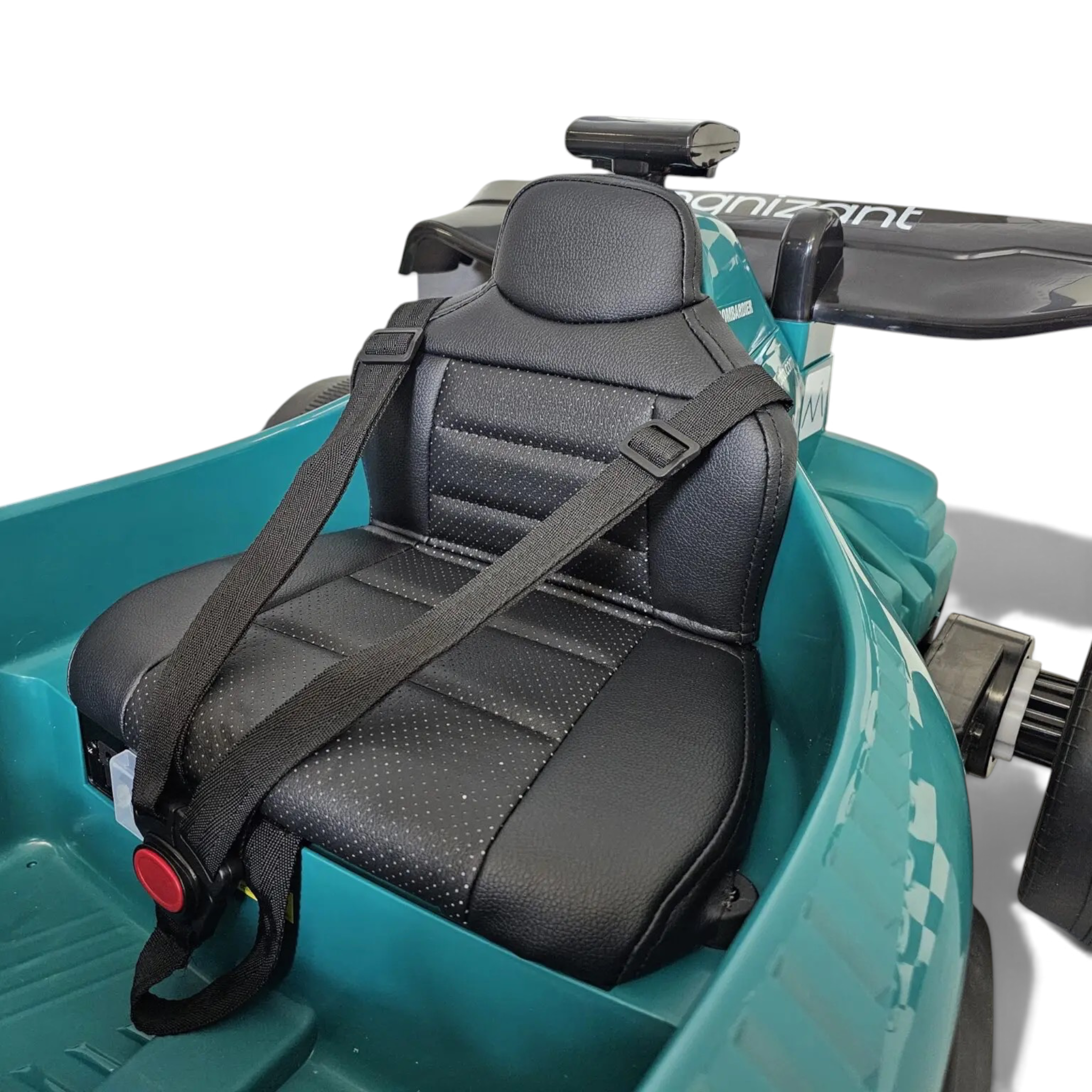 Siège en cuir noir avec ceinture de sécurité dans la voiture électrique pour enfant Petit Pilote Aston Martin F1 verte