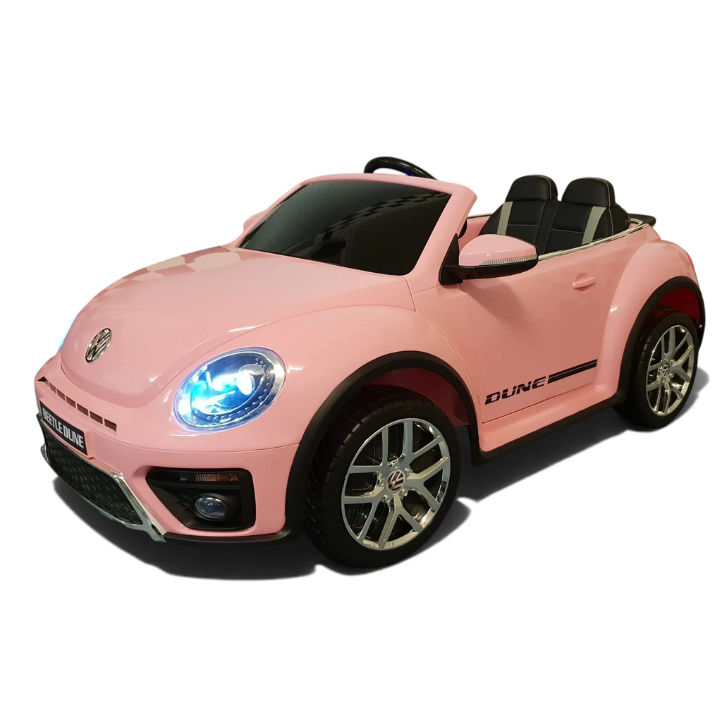 Voiture électrique enfant Petit Pilote VW Beetle rose avec siège en cuir, pneus caoutchouc et phares LED fonctionnels