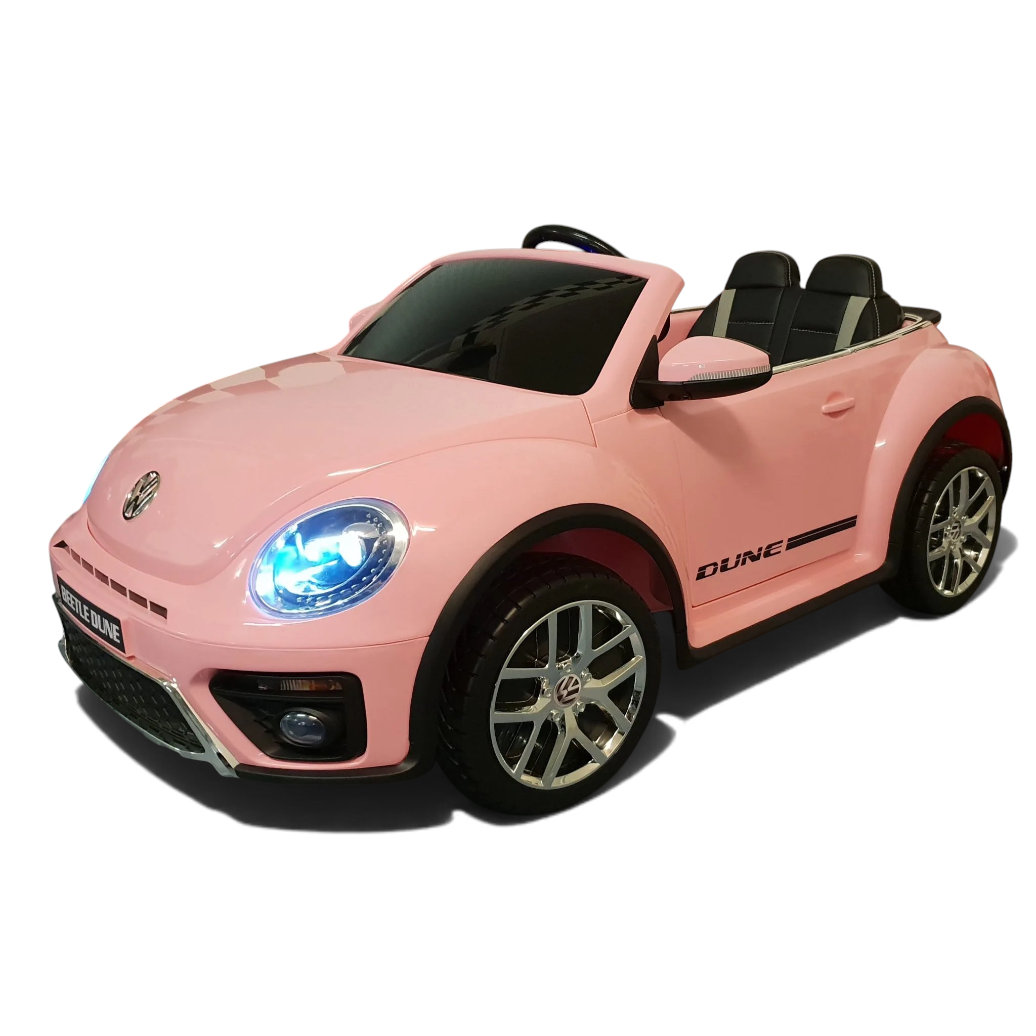 Voiture électrique enfant Odecare VW Beetle rose avec siège en cuir, pneus caoutchouc et phares LED fonctionnels