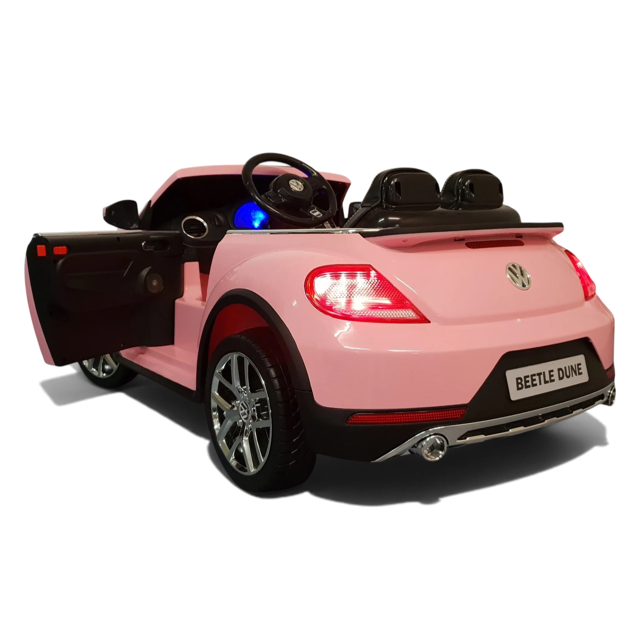 Voiture électrique enfant Odecare VW Beetle rose avec phares allumés, siège en cuir et pneus en caoutchouc