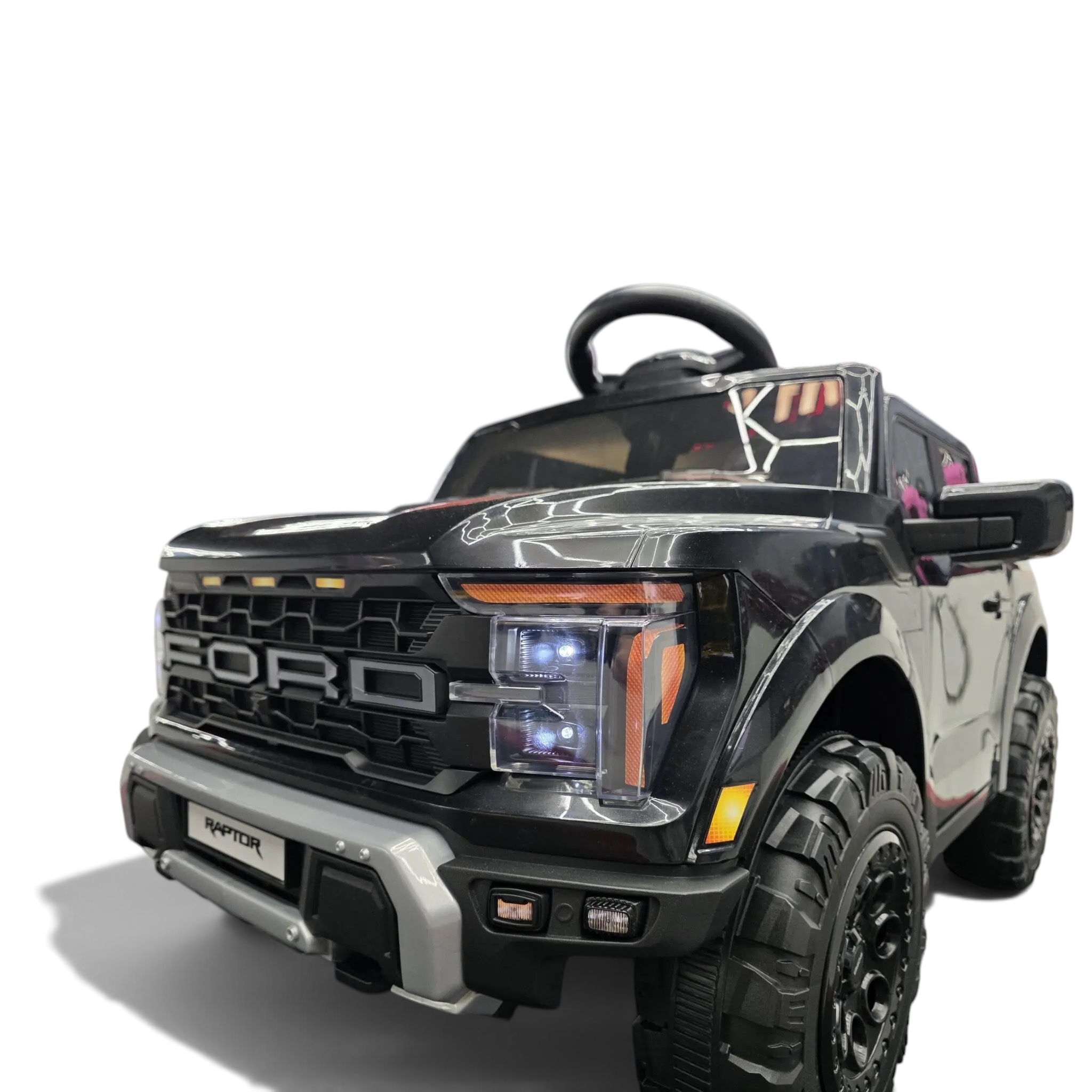 Voiture électrique enfant Petit Pilote Ford Raptor noire 12V avec calandre robuste et phares LED détaillés
