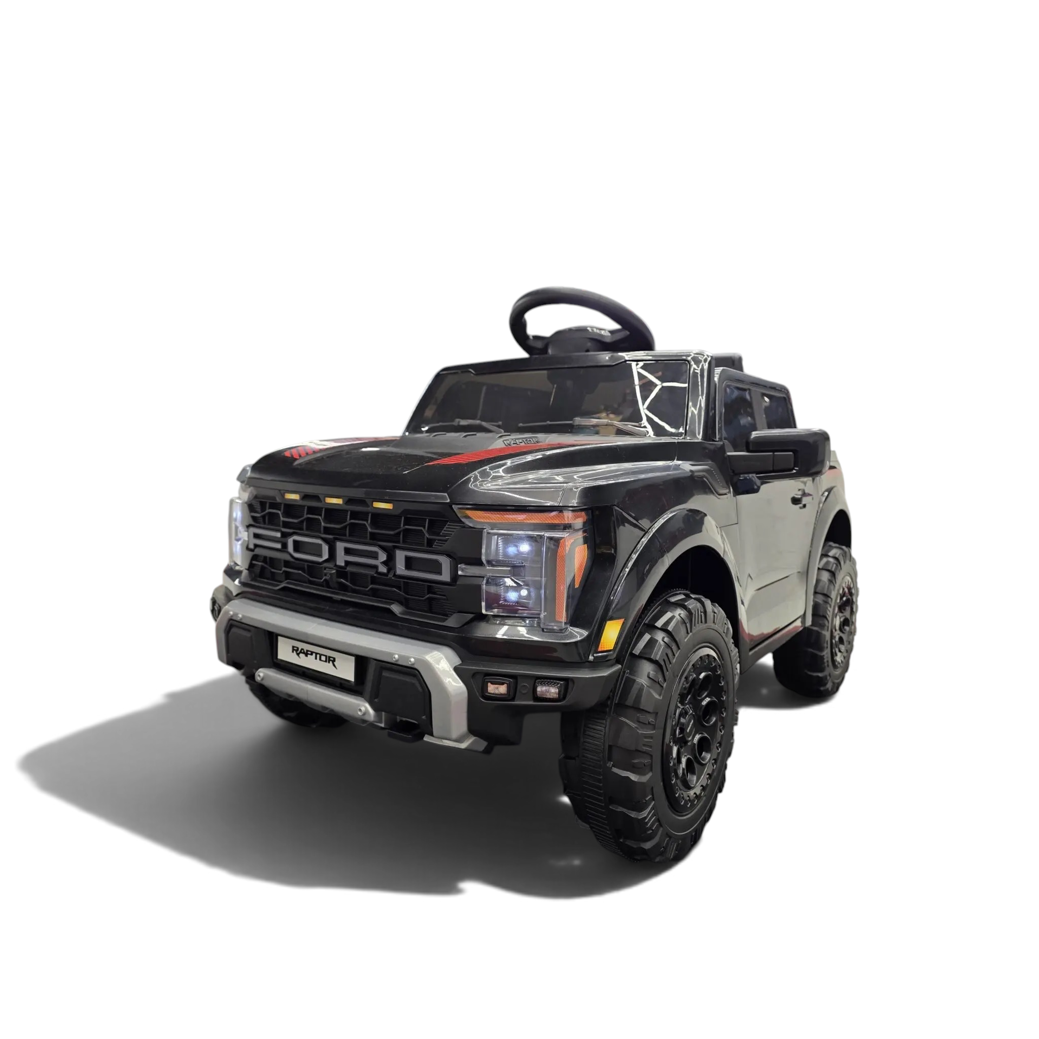 Voiture électrique enfant Petit Pilote Ford Raptor noire 12V avec design robuste et phares LED réalistes