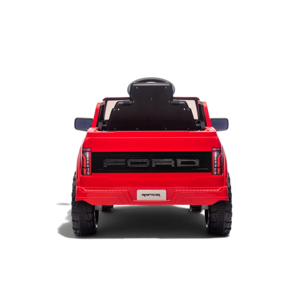 Vue arrière de la voiture électrique enfant Petit Pilote Ford Raptor rouge avec phares LED et logo Ford sur le hayon
