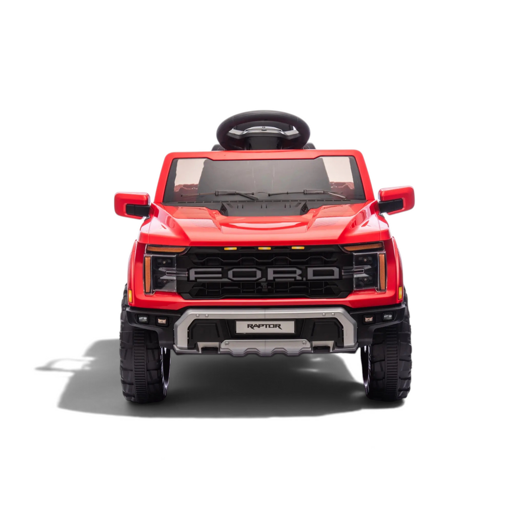 Voiture électrique enfant Petit Pilote Ford Raptor rouge 12V avec calandre imposante et phares fonctionnels