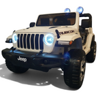 Voiture électrique pour enfant Petit Pilote Jeep Wrangler blanche avec phares LED allumés et pneus robustes