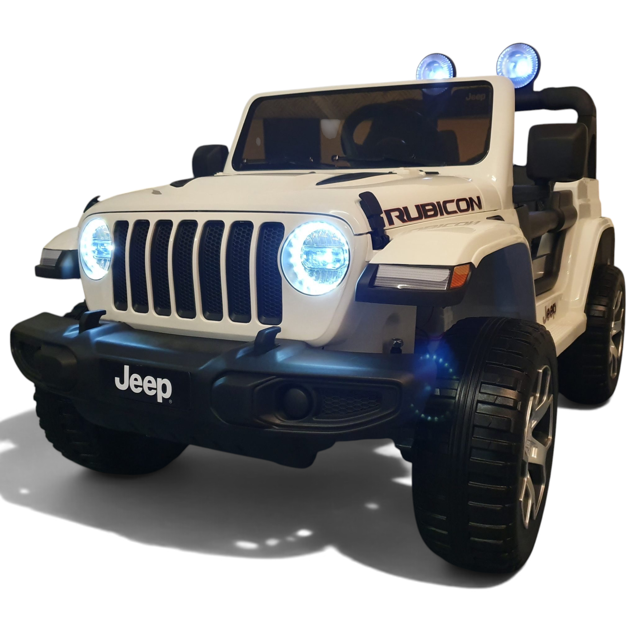 Voiture électrique pour enfant Odecare Jeep Wrangler blanche avec phares LED allumés et pneus robustes