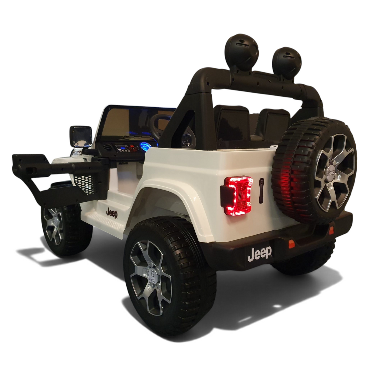 Voiture électrique enfant Odecare Jeep Wrangler blanche 4x4 avec pneus caoutchouc et phares arrière LED