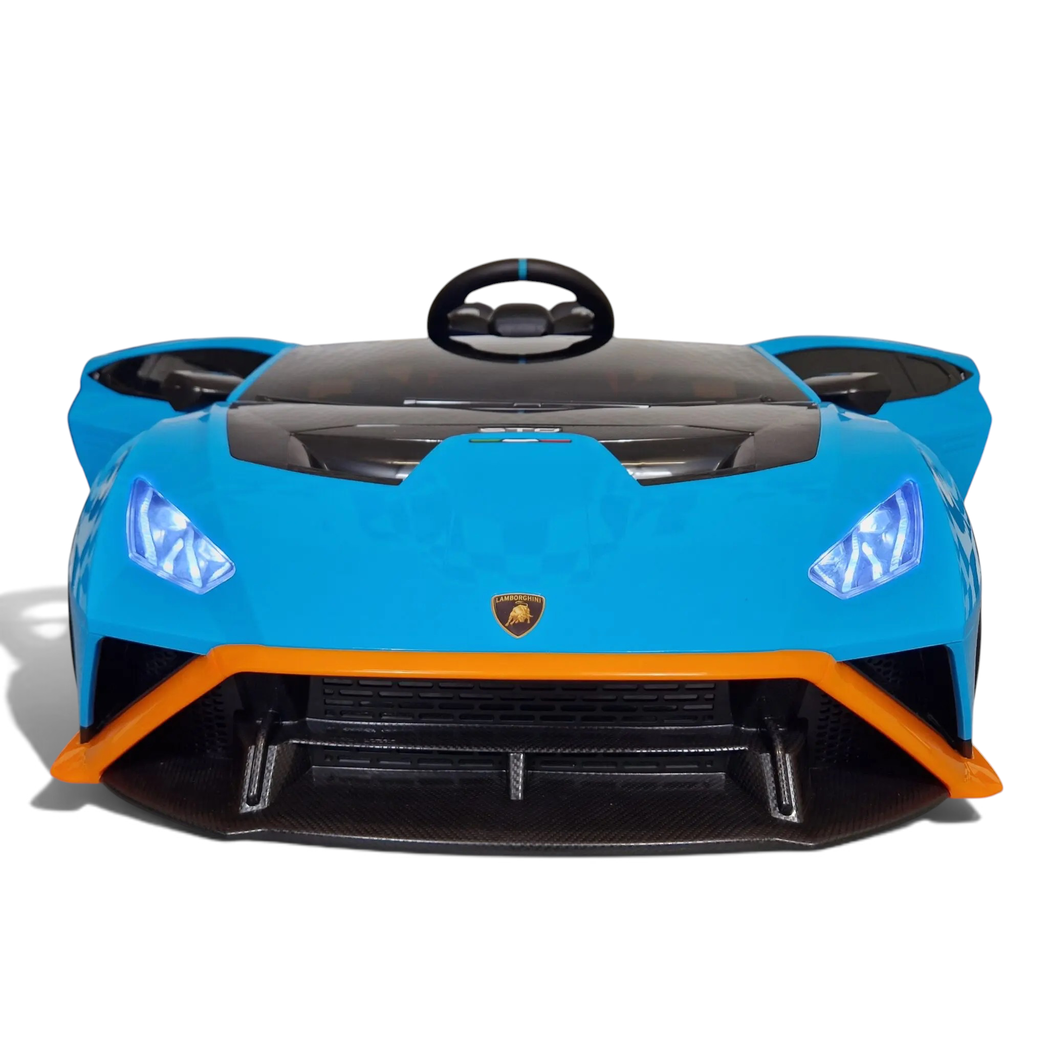 Voiture électrique enfant Petit Pilote Lamborghini Huracán STO bleue avec phares LED allumés et détails orange
