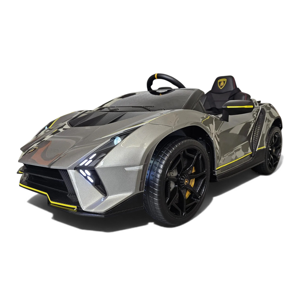 Voiture électrique enfant Petit Pilote Lamborghini Auténtica gris métallisé avec siège en cuir et pneus EVA
