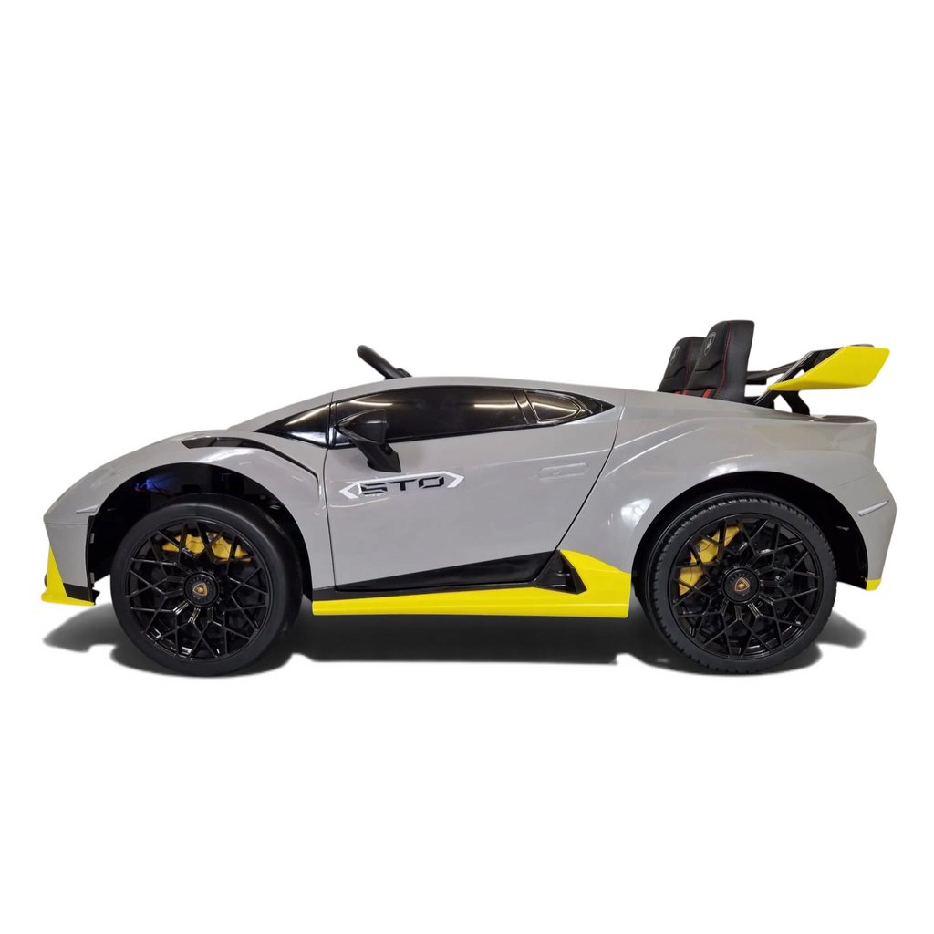 Voiture électrique enfant Petit Pilote Lamborghini Huracán STO grise avec détails jaunes et siège en cuir