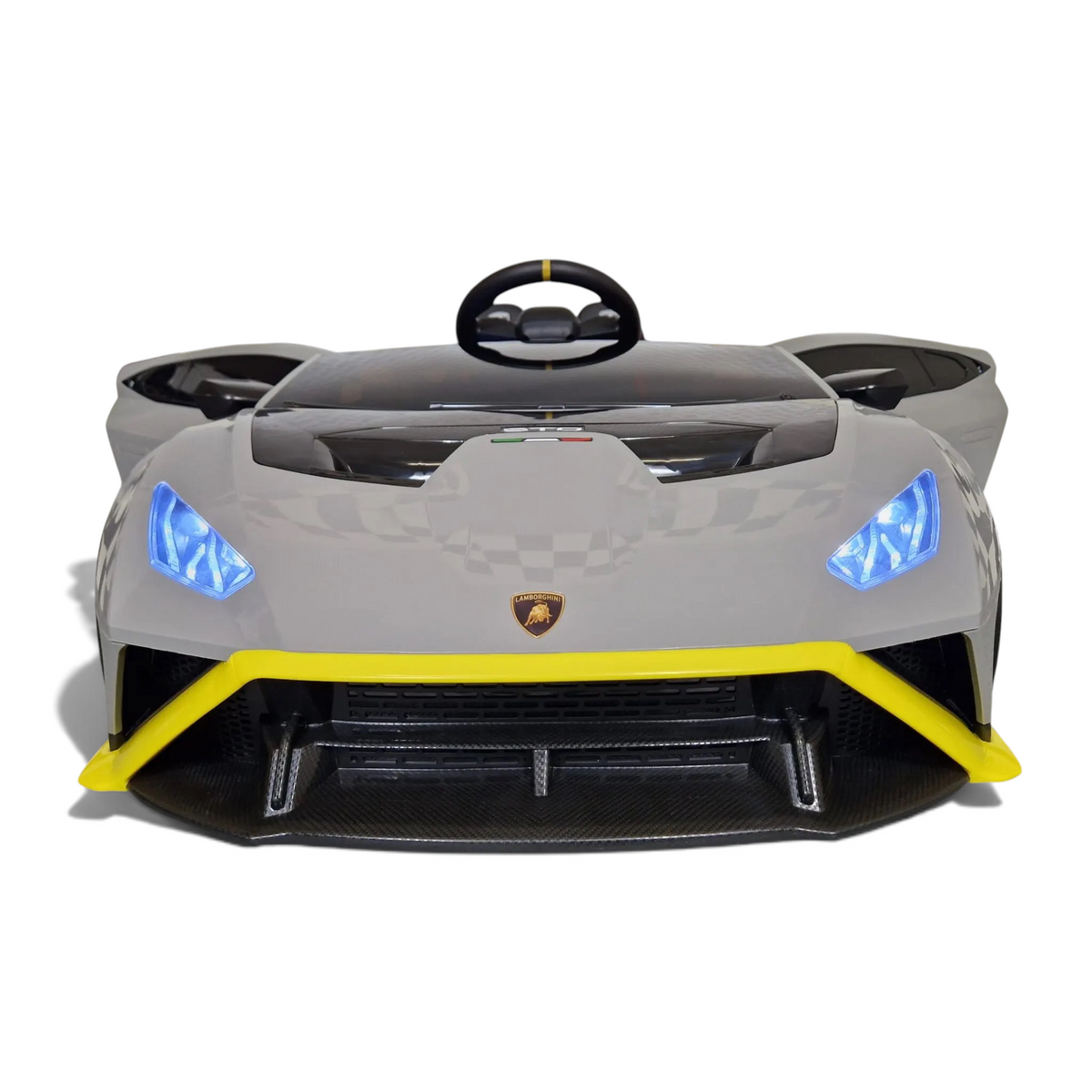 Voiture électrique enfant Petit Pilote Lamborghini Huracán STO grise avec phares LED allumés et détails jaunes