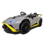 Voiture électrique enfant Petit Pilote Lamborghini Huracán STO grise avec détails jaunes, phares LED et siège en cuir
