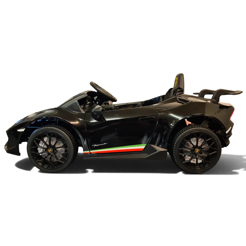 Voiture électrique enfant Petit Pilote Lamborghini Huracán noire métallisée avec siège en cuir et pneus en caoutchouc