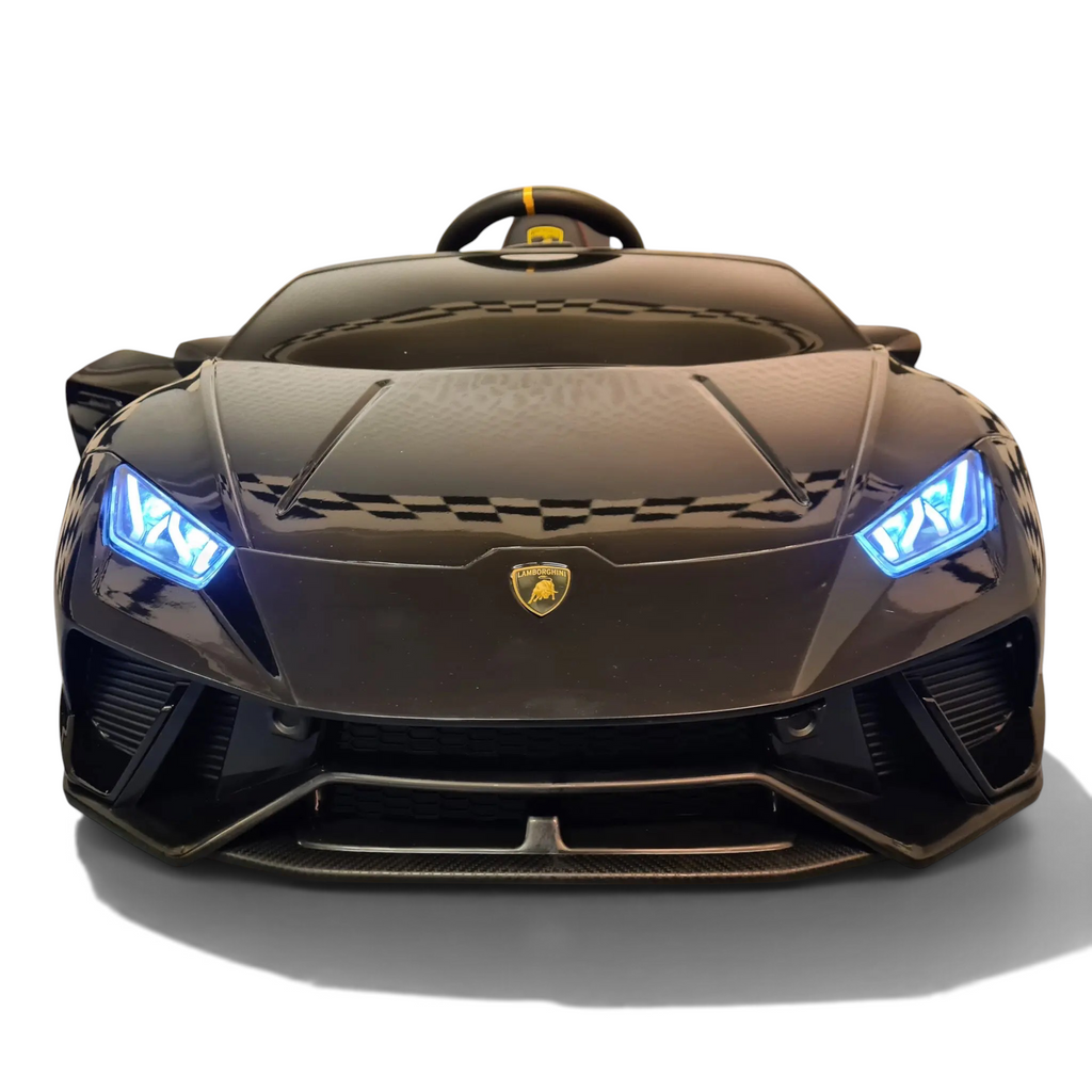 Voiture électrique enfant Petit Pilote Lamborghini Huracán noire métallisée avec phares LED allumés et logo emblématique