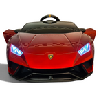 Voiture électrique enfant Petit Pilote Lamborghini Huracán rouge métallisé avec phares LED allumés et portes ouvertes