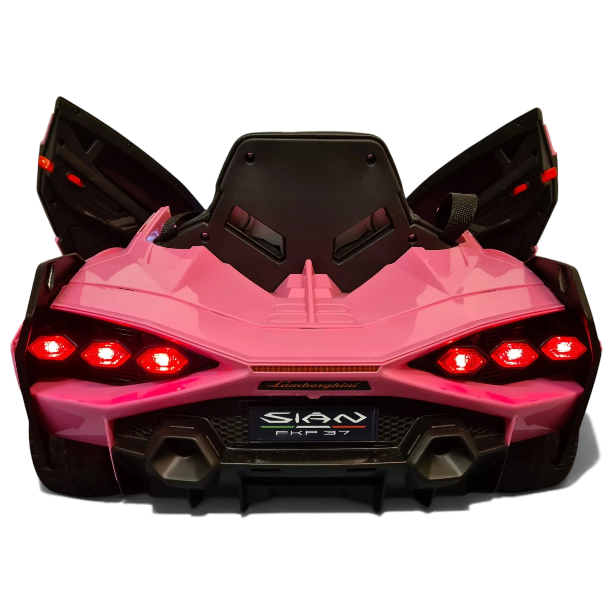 Vue arrière de la voiture électrique enfant Petit Pilote Lamborghini Sian rose avec portes ouvertes et feux LED allumés