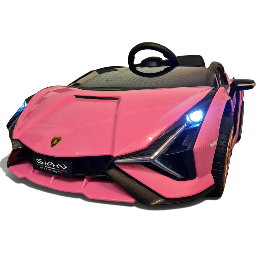 Voiture électrique enfant Petit Pilote Lamborghini Sian rose avec phares LED allumés et détails sportifs
