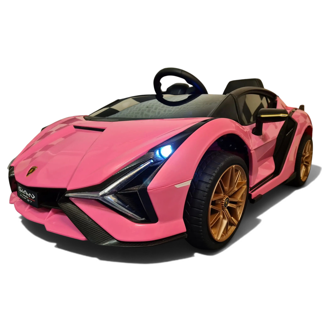 Voiture électrique pour enfant Petit Pilote Lamborghini Sian rose avec jantes dorées et phares LED fonctionnels