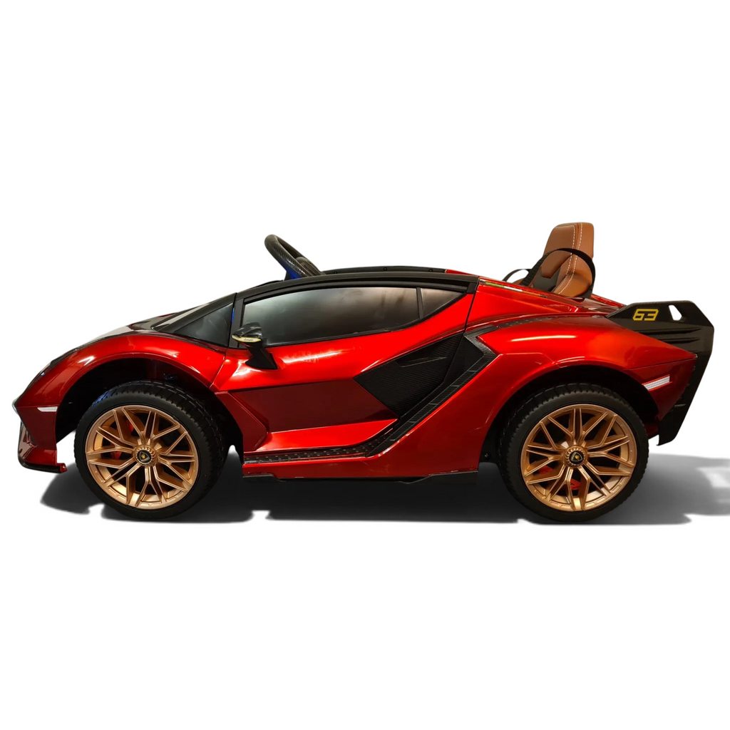 Voiture électrique enfant Petit Pilote Lamborghini Sian rouge métallisé avec jantes dorées et siège en cuir