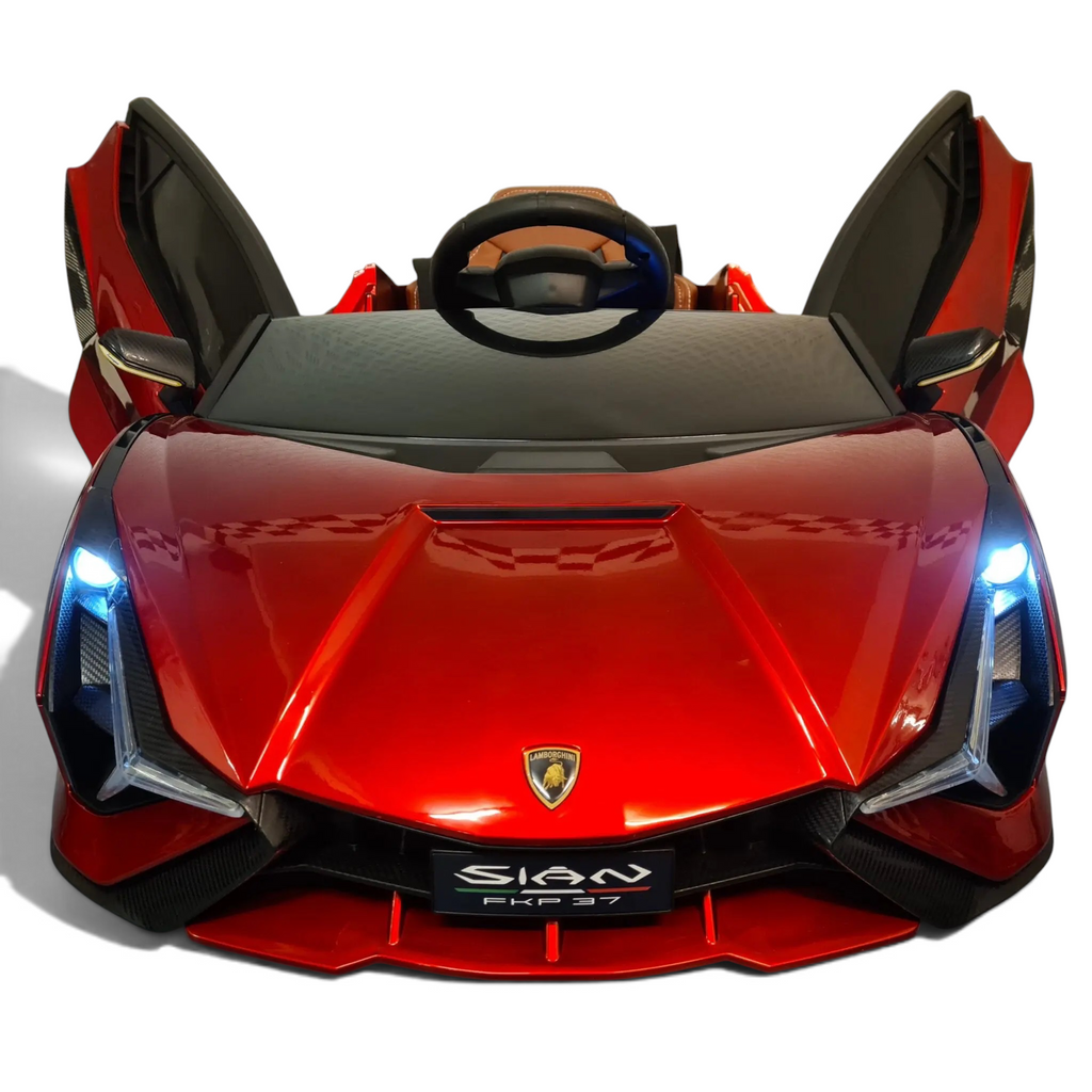 Voiture électrique enfant Petit Pilote Lamborghini Sian rouge métallisé avec portes papillon et phares LED allumés