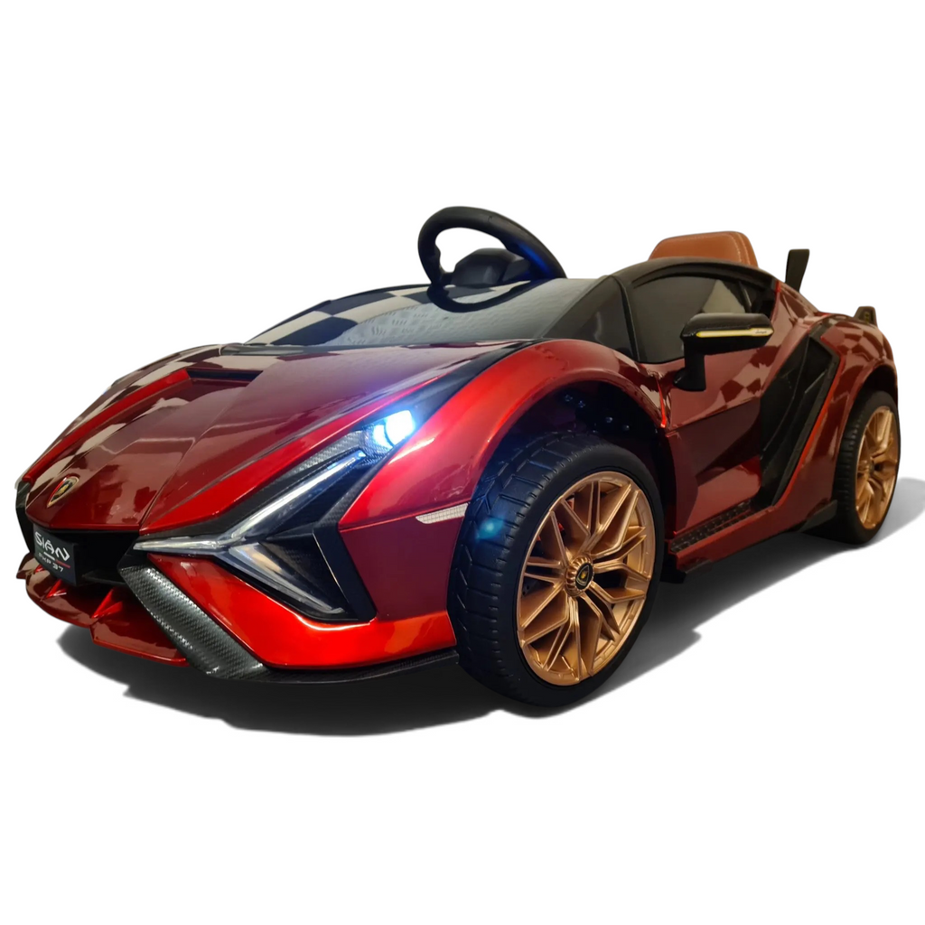 Voiture électrique enfant Lamborghini Sian rouge métallisé Petit Pilote avec phares LED et jantes dorées