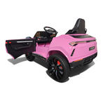 Voiture électrique enfant Petit Pilote Lamborghini Urus rose avec porte ouverte, siège en cuir et pneus EVA noirs
